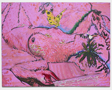 Milly Thompson, Pink Picabia Sleeping, 2016. Acrylic and oil on canvas, 71 x 91.5 x 2 cm. - © Courtesy of The Estate of Milly Thompson and Amanda Wilkinson, London., Paris Internationale